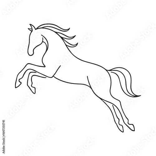 Black line illustration of a horse rearing up on its hind legs with transparent background