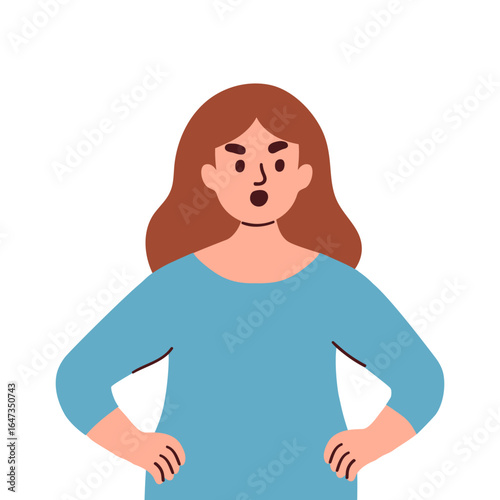 Frustrated young woman showing irritation and negative emotions. Flat vector illustration isolated on white background