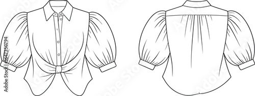 Puff sleeve blouse with front tie knot design, women shirt fashion flat sketch, clothing technical drawing template, stylish garment illustration, cad drawing flat vector illustration