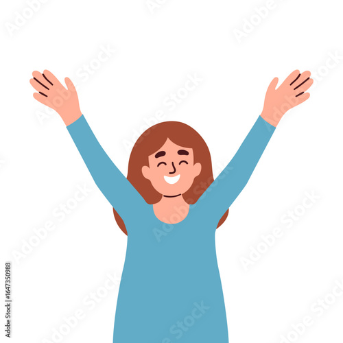 Young happy woman enjoys life. Smiling girl with arms above head. The power of positivity and mental health, well-being theme. Flat vector illustration isolated on white background