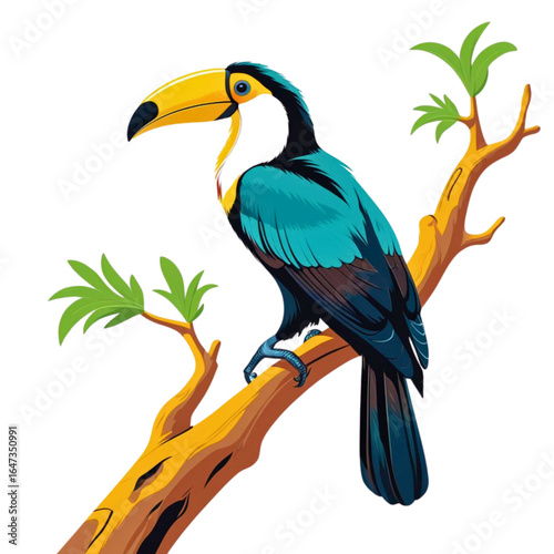 Vibrant toucan with a large yellow beak perched on a colorful branch with green leaves