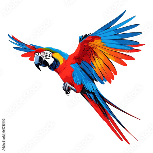 Vibrant scarlet macaw parrot in flight with wings spread wide displaying colorful plumage