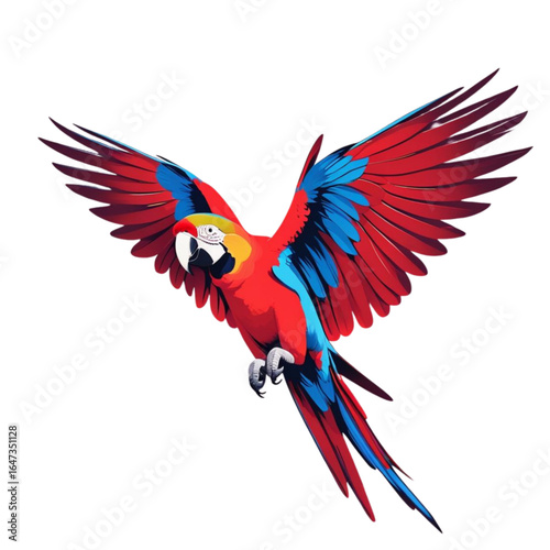 Vibrant scarlet macaw parrot soaring with wings spread wide in dynamic flight
