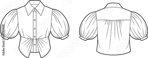Puff sleeve women shirt front and back view, fashion flat sketch, blouse technical drawing, stylish garment design template, cad drawing flat vector illustration