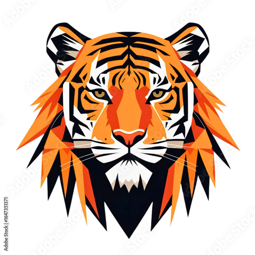 Geometric tiger face portrait with sharp angled lines and bold orange and white stripes