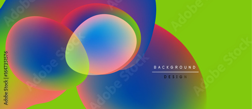 Vibrant abstract shapes overlap. Colors blend, creating dynamic visual effect. Bright green background complements design elements.