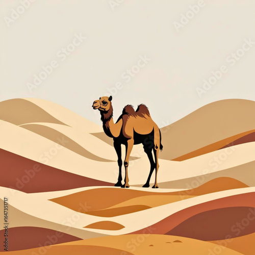 Stylized illustration of a dromedary camel standing on rolling desert sand dunes under a pale sky