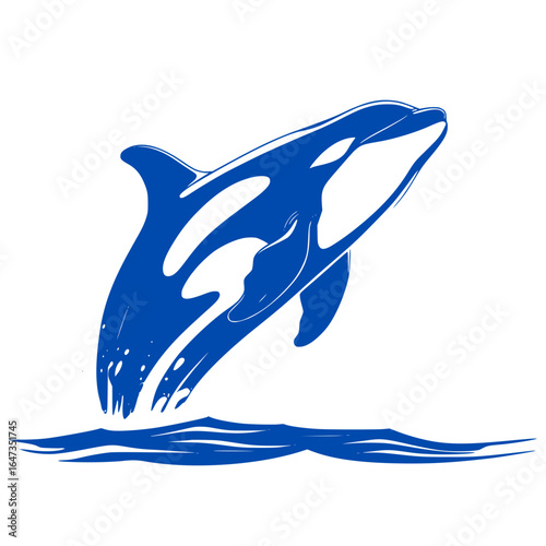 Majestic blue orca whale breaching from stylized ocean waves in a dynamic artistic illustration