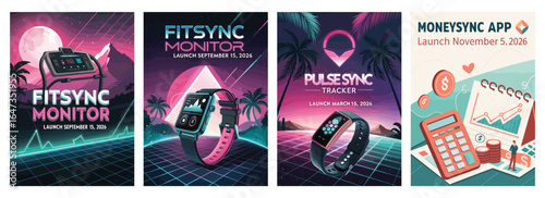 Futuristic promotional designs for fitness and finance tech devices showcasing vibrant colors and modern aesthetics.