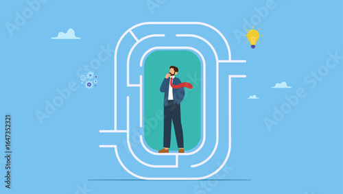 Frustrated businessman in difficult and complex labyrinth. Business trouble, difficulty or challenge, solving hard or complex problem, finding solution, lost or struggle, finding way out.