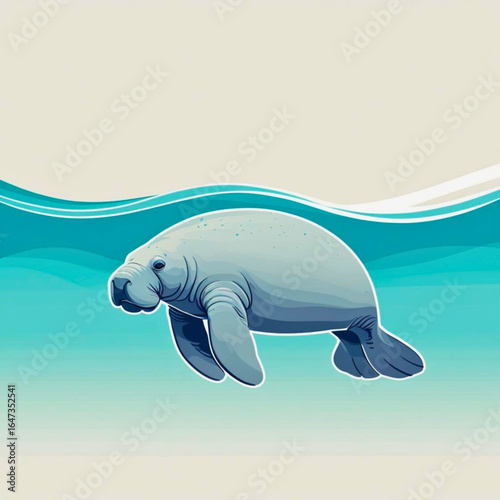Gentle manatee swimming gracefully underwater with soft blue waves and sandy seabed