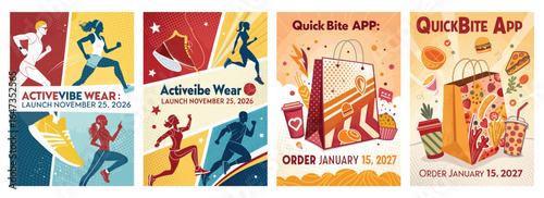 Dynamic sports illustrations promoting activewear and food delivery apps in vibrant colors.