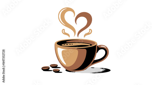 A steaming cup of coffee with a heart-shaped vapor and scattered coffee beans, perfect for coffee lovers.