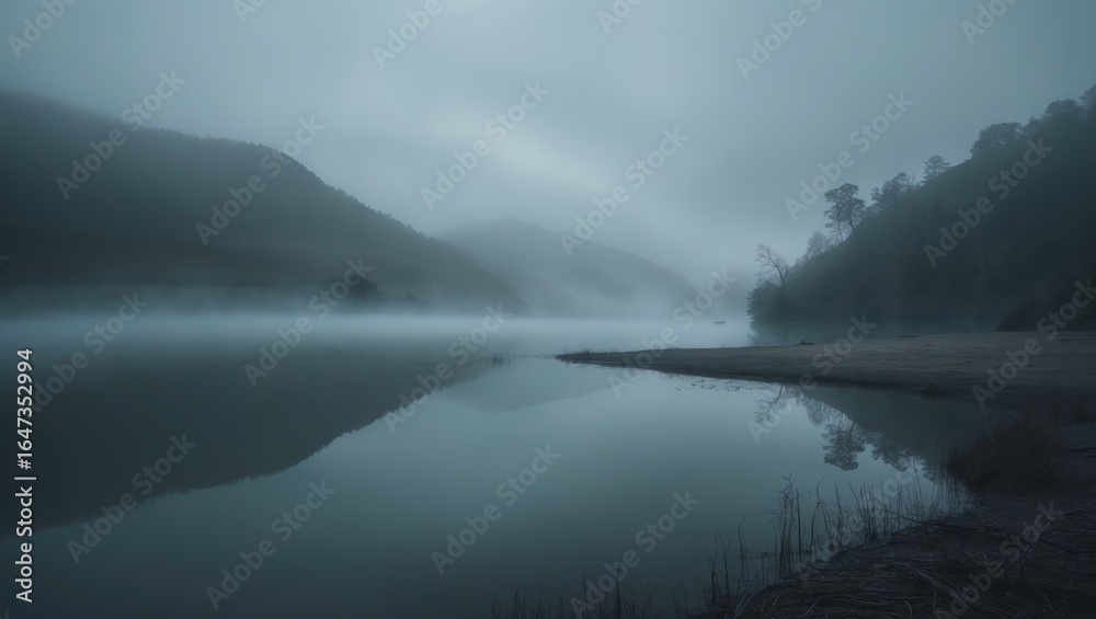 Fototapeta premium Misty river landscape with mountains and cloudy skies. Nature and tranquility, scenic view. The peaceful scene of a river surrounded by hills and fog.