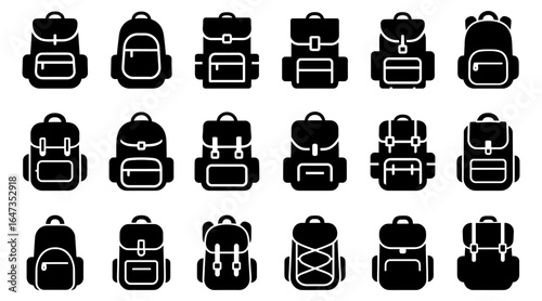 School backpack or travel  backpack icon set, student bag silhouette.Vector