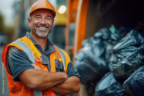 A smiling sanitation worker wearing a hard hat and reflective vest stands with crossed arms in front of a loaded garbage truck, on a suburban street