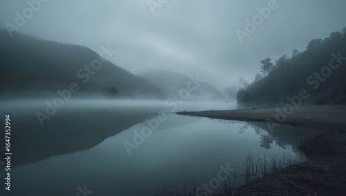Misty river landscape with mountains and cloudy skies. Nature and tranquility, scenic view. The peaceful scene of a river surrounded by hills and fog.