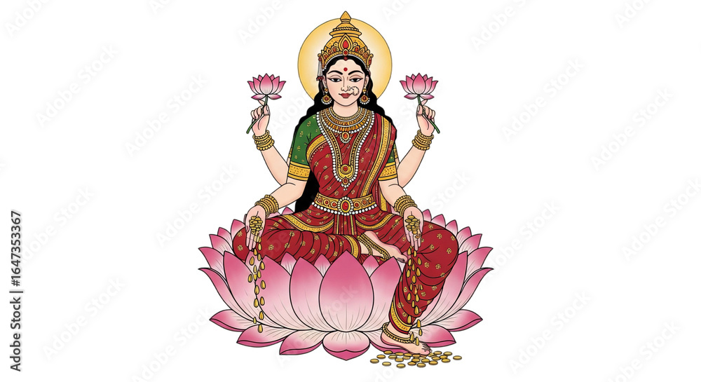 Obraz premium Illustration of Goddess Lakshmi Seated on Lotus with Gold Coins and Lotus Flowers