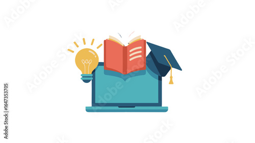 Illustration of a laptop, book, graduation cap and light bulb in education.