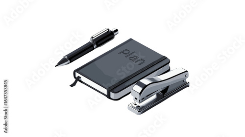Office stationery, with a pen, a notebook, and a stapler.