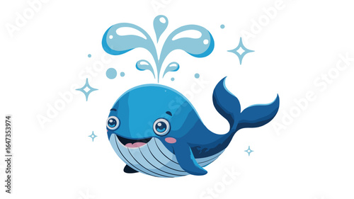 A cartoon blue whale spraying water.