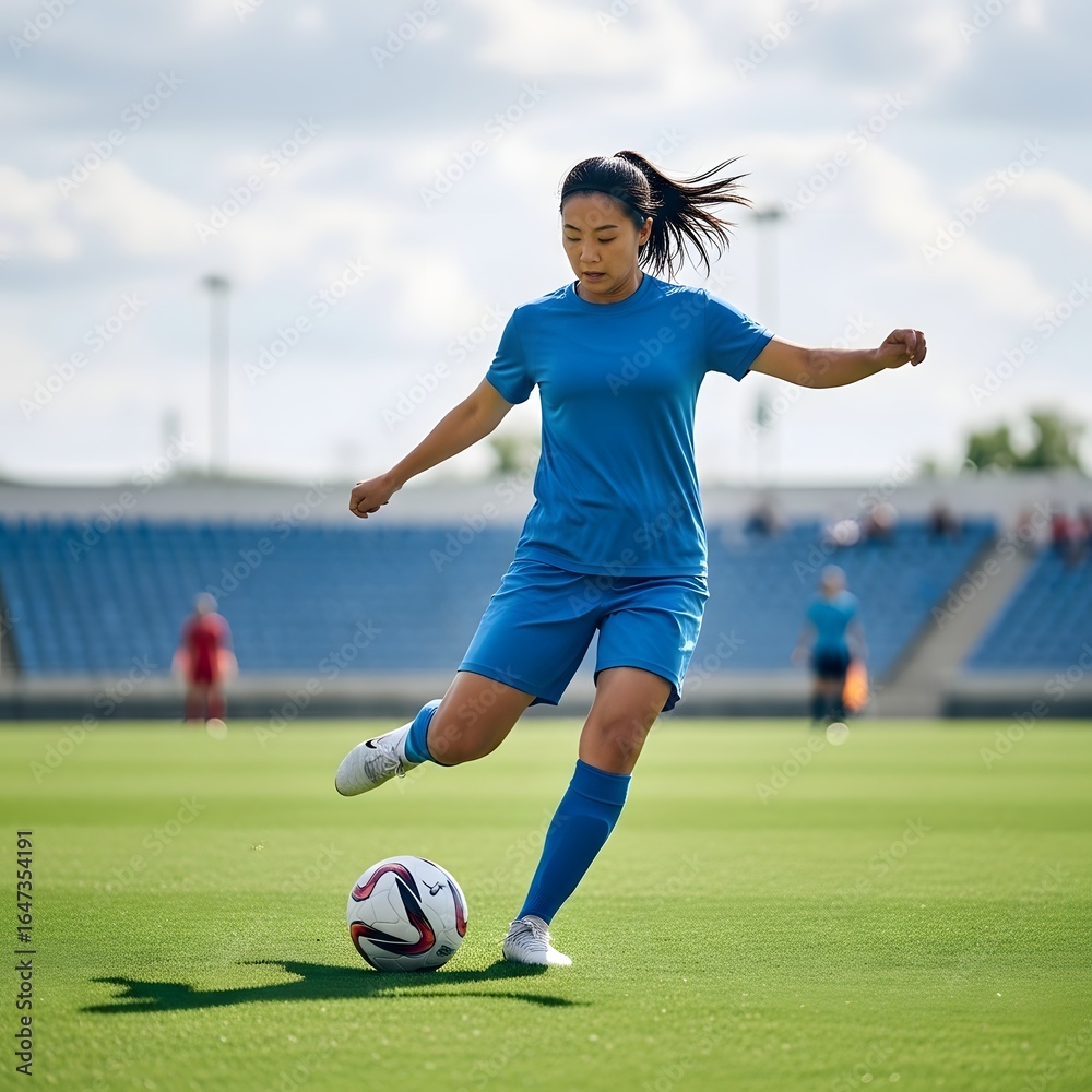 Obraz premium Female soccer player kicking ball on green grass field during sunny day