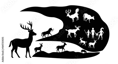 ancient cave paintings illustrating early human life hunting and animal companionship perfect for history prehistoric and wildlife documentaries