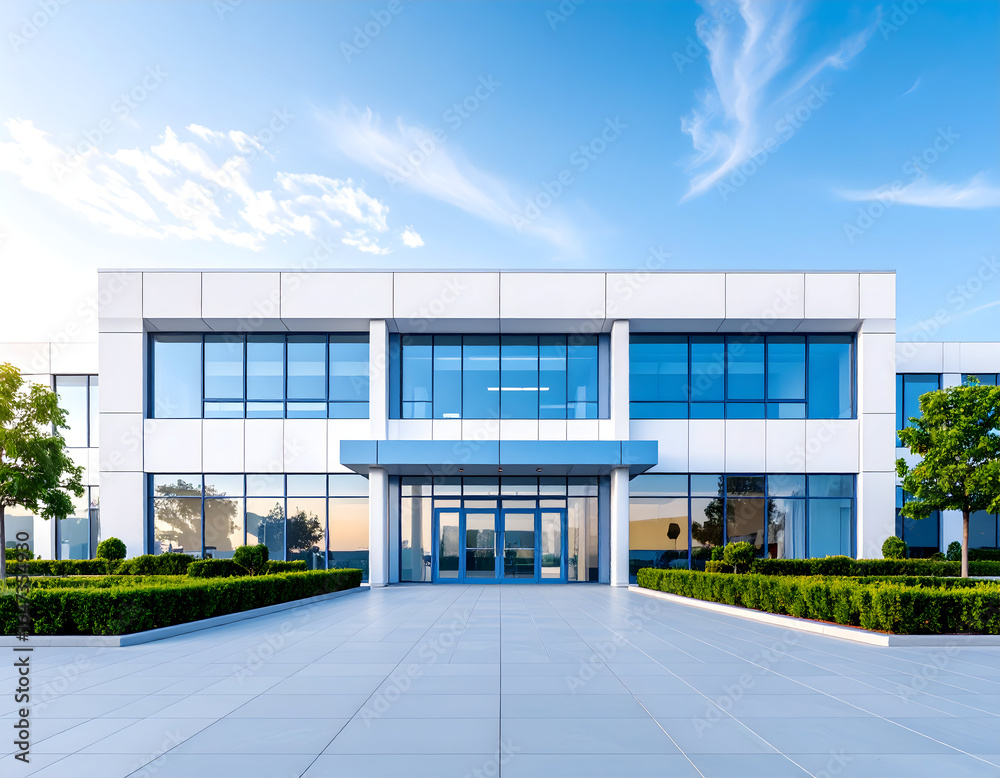 Obraz premium Modern Office Building Exterior Under a Bright Blue Sky with Glass Facade and Landscaping