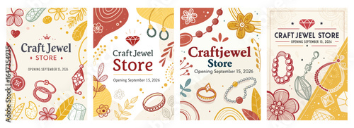 Colorful promotional banners for Craft Jewel Store opening, featuring elegant jewelry designs and floral patterns.