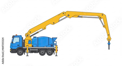 Concrete Pumping Truck with Yellow Boom on White Background