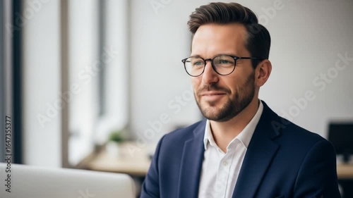 Contented executive wearing eyeglasses indoors at the workplace setting