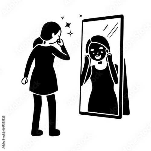 Bipolar disorder in woman smiling but feeling suffering in soul, and looking in mirror. Problems of bipolar disorder in girl seeing crying reflection due to psychological disturbance See Less