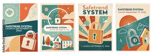 Colorful promotional banners for Safetrend System's launch featuring padlock graphics and house illustrations.