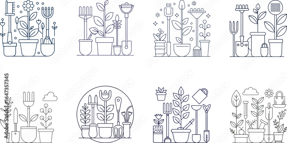 Fototapeta premium Modern Line Art Gardening Tools and Plants: Spring Growth, Minimalist Style