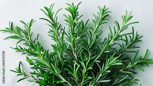 Fresh rosemary herb plant with green leaves on white background