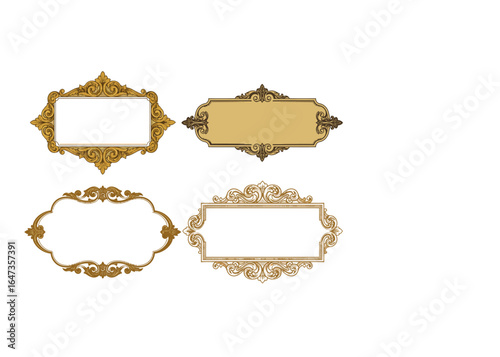 Set of four ornate gold decorative frames with intricate baroque and rococo filigree patterns. Vector illustration for classic design.