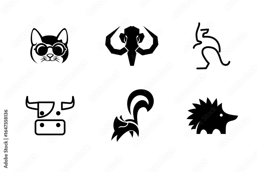 Animal Icon Set: Cat, Mammoth, Kangaroo, Cow, Skunk, Hedgehog Animal Icon Set: Cat, Mammoth, Kangaroo, Cow, Skunk, Hedgehog