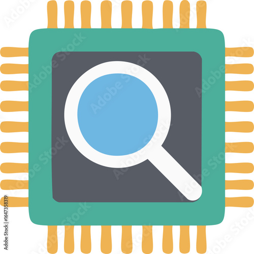 Vector Stylized CPU with Magnifying Glass and Vibrant Gold Connector Pins