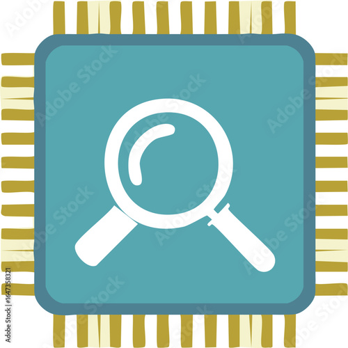 Vector Green Microchip Illustration with Magnifying Glass and Geometric Layout