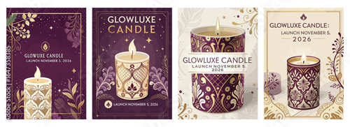 Elegant candle designs featuring rich colors and intricate patterns for a luxurious launch.