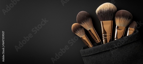 Professional golden makeup brushes neatly arranged in black towel pocket on dark background, elegant cosmetic tools with empty space for text or logo design in beauty studio