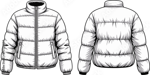 Stylish winter puffer jacket, front and back view, technical fashion sketch, cozy outerwear design, vector template, CAD drawing, flat illustration