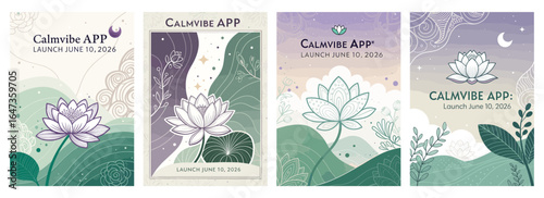 Elegant launch graphics featuring nature-inspired designs for the Calmvibe app, showcasing tranquility and harmony.