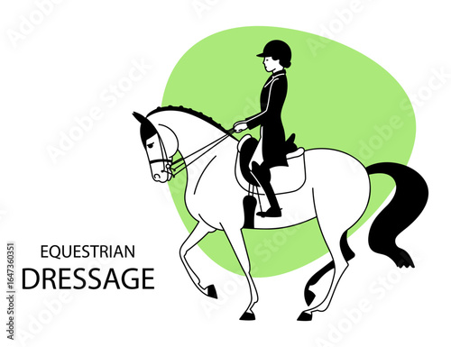 Silhouette of equestrian dressage rider on horse in black and white with green abstract background