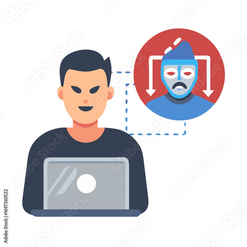 Hacker with fake facial biometrics wants to commit fraudulent actions for log into protected system. Hacker uses false identity to hack identification ... See More