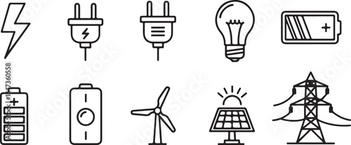 Minimalist Black Electricity and Energy Line Icons on White Background – Power and Renewable Energy Vector Icon Set