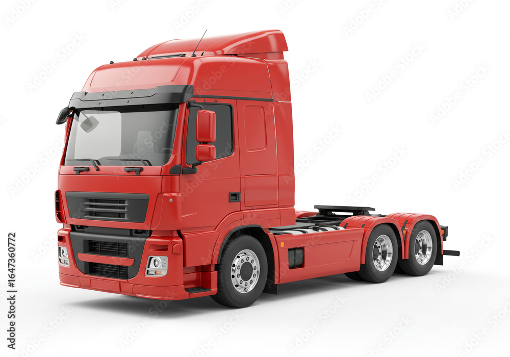 Naklejka premium A red semi truck cab is shown on a white background in a studio shot with no trailer attached