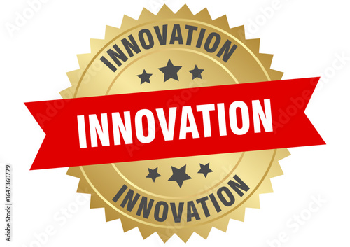 innovation. innovation round red and gold label isolated on transparent background