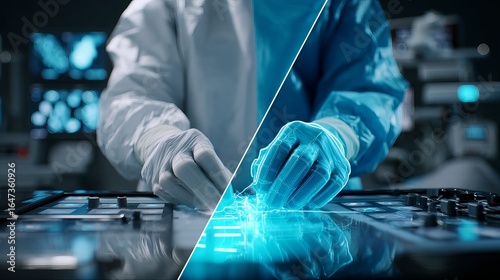 Male scientist using advanced technology in a high-tech laboratory setting.