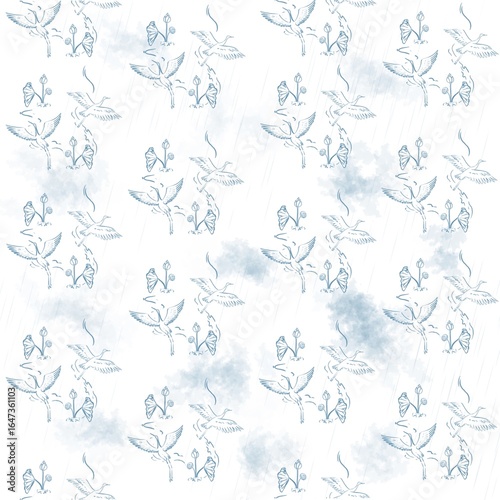 seamless pattern with crane birds, lotus flowers, cloud, and raindrop